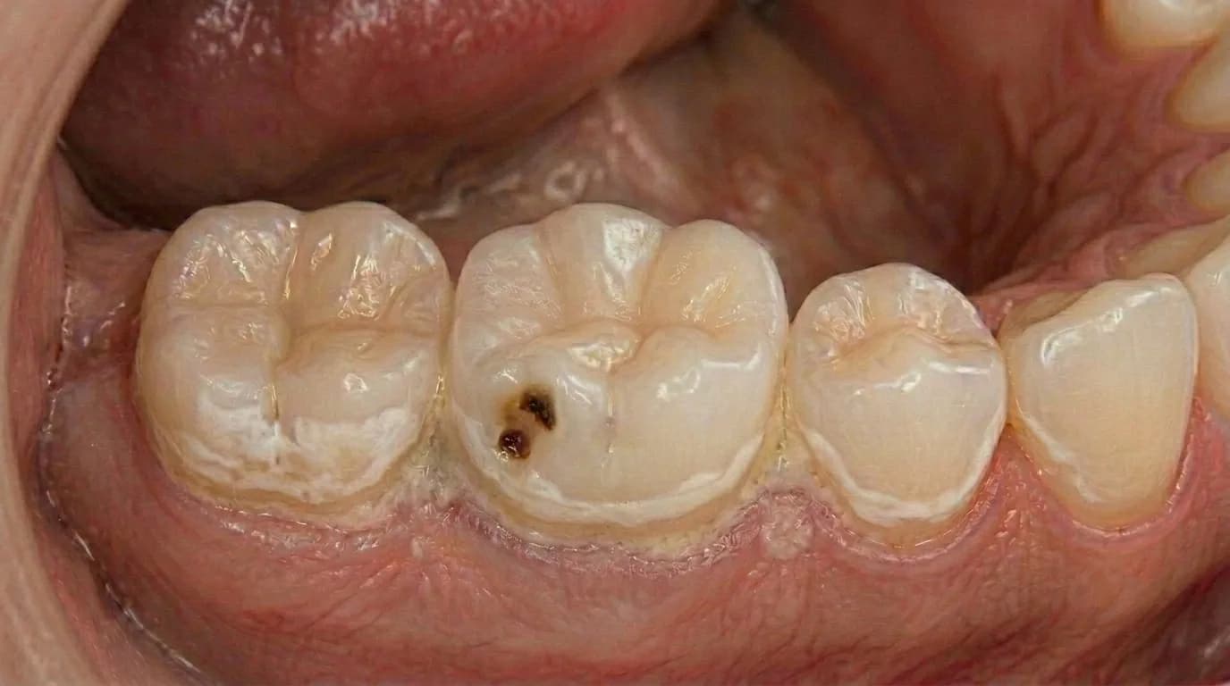 Small cavity in tooth enamel — early structural breakdown from dental caries
