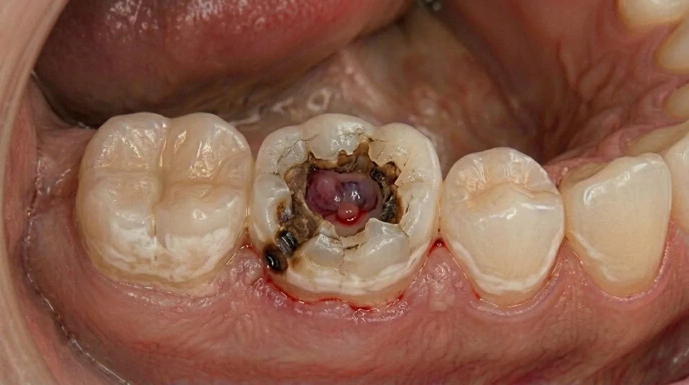 Severe tooth decay with pulp involvement — advanced dental caries requiring root canal or extraction