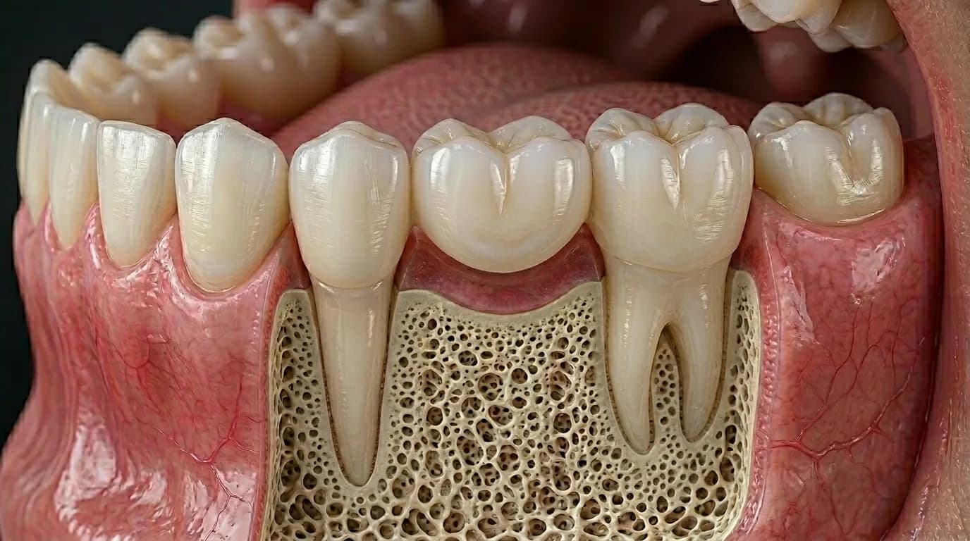 Dental bridge spanning a gap by anchoring to adjacent teeth