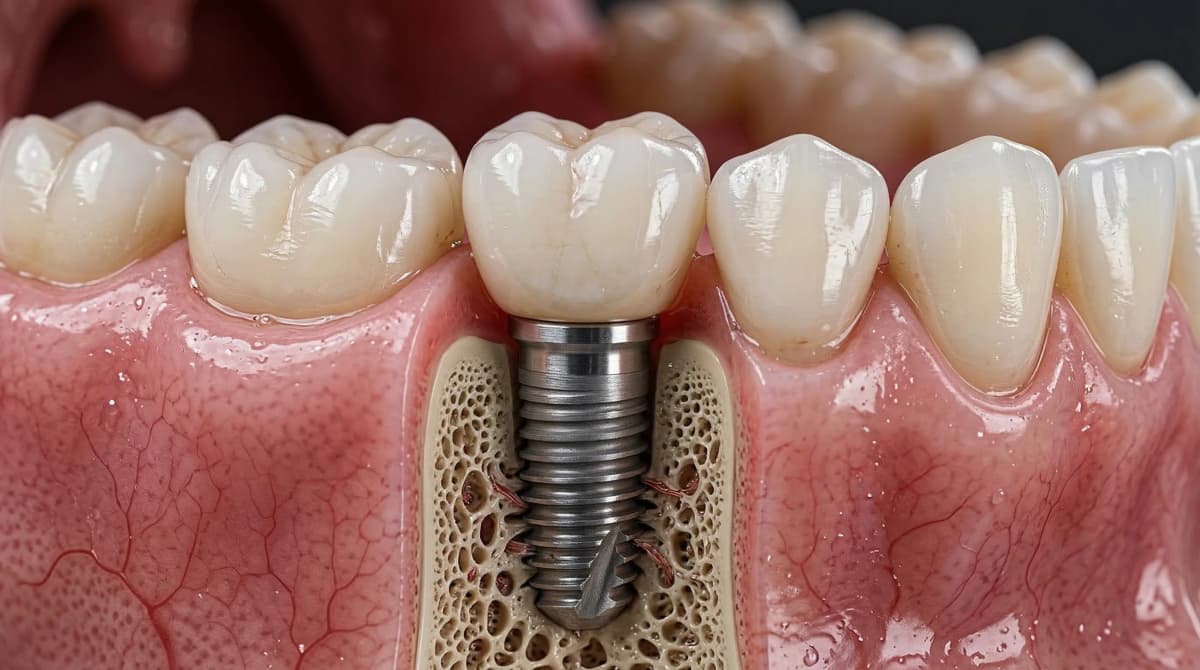 Dental implant diagram — titanium fixture integrated with jawbone supporting a ceramic crown