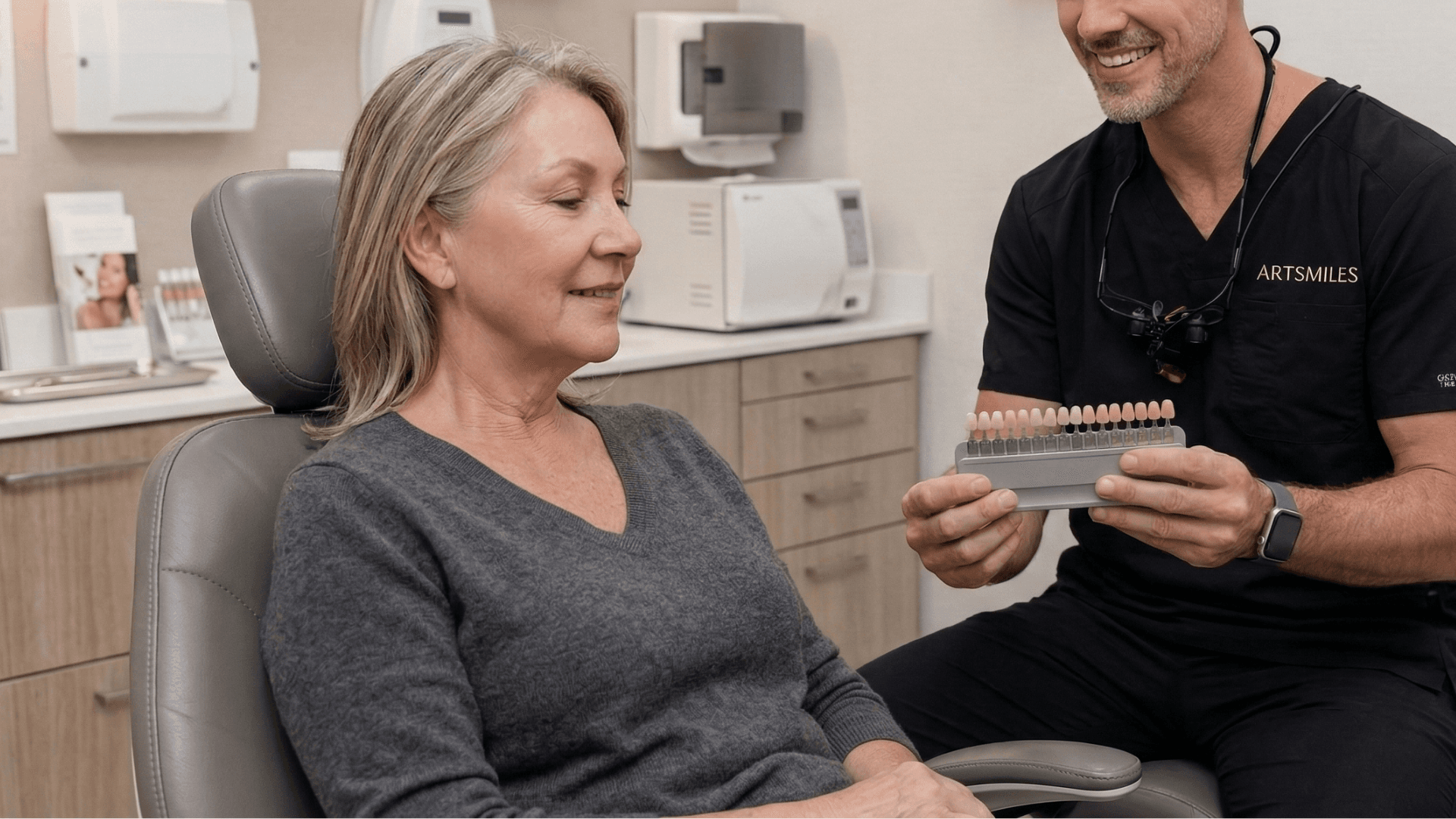 Patient consulting with ArtSmiles dentist during teeth colour shade assessment – Gold Coast