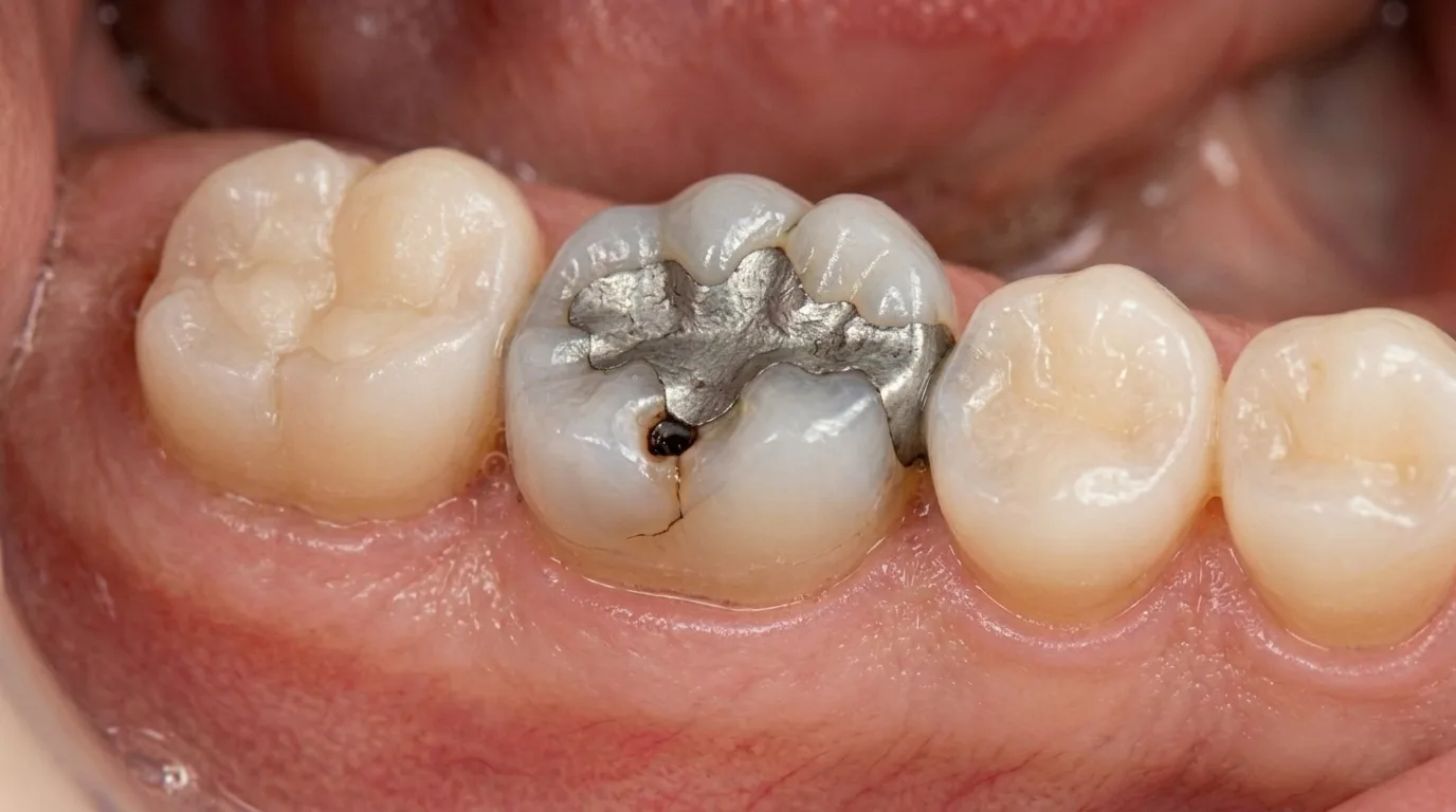 Old amalgam silver filling on molar tooth