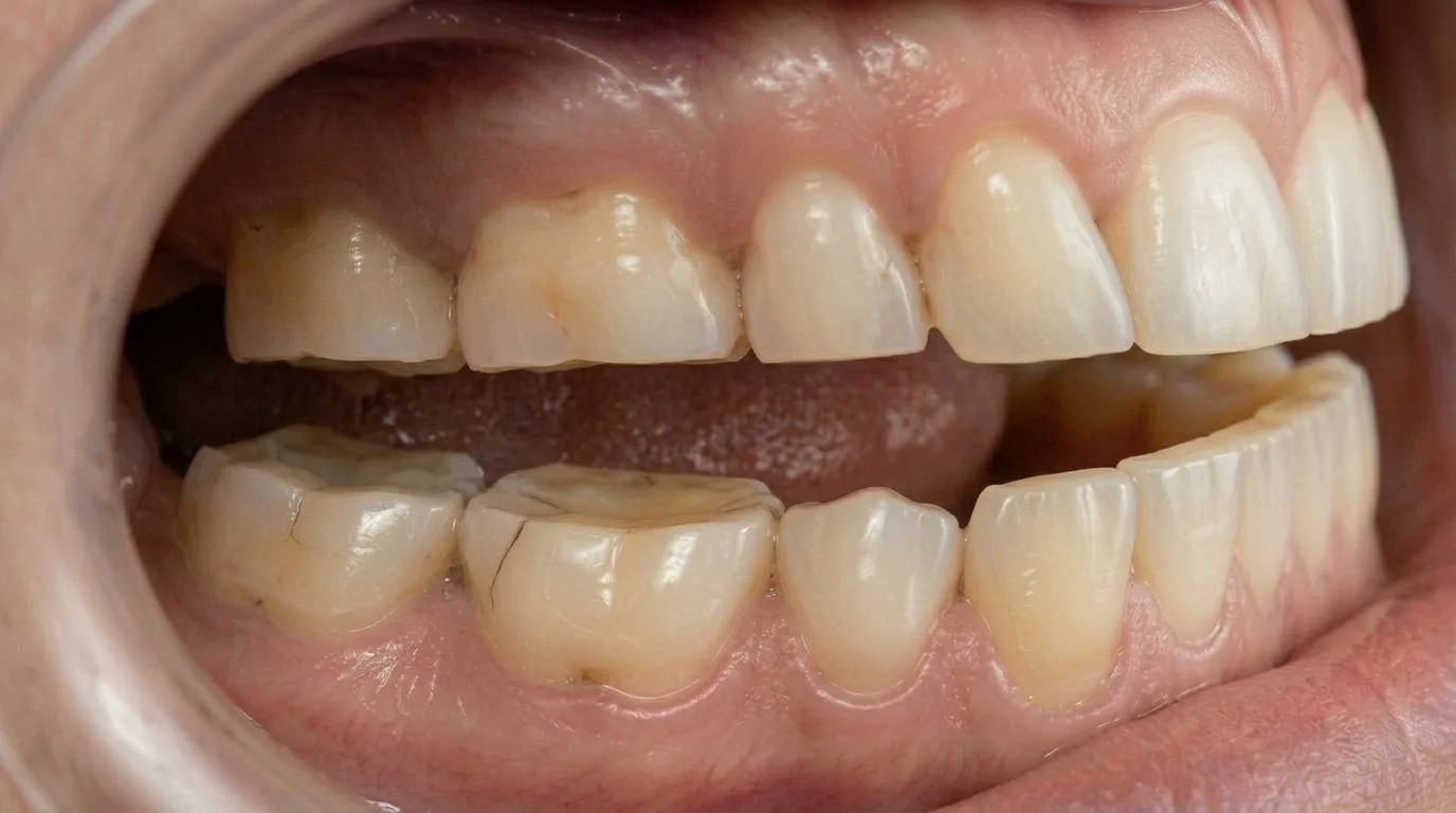 Moderate bruxism – teeth shorter with flat surfaces from grinding