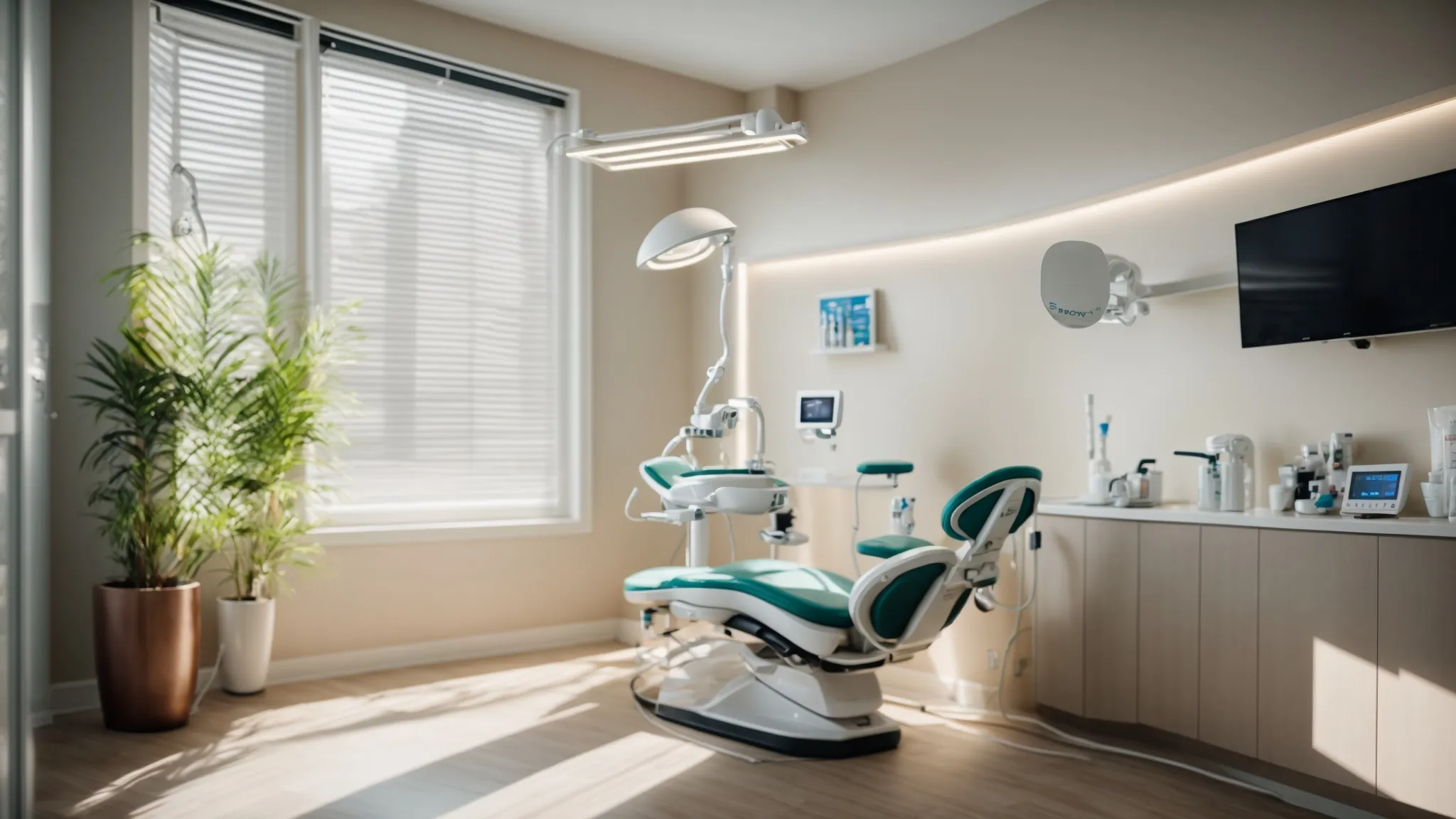 a bright, inviting dental clinic showcases a gleaming array of affordable dental implant options and flawless quality dentures, radiating warmth and professionalism.